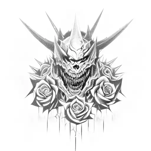 A menacing necromech creature with sharp spikes and teeth emerging from a bed of black roses, wrapping around a full arm sleeve tattoo design idea