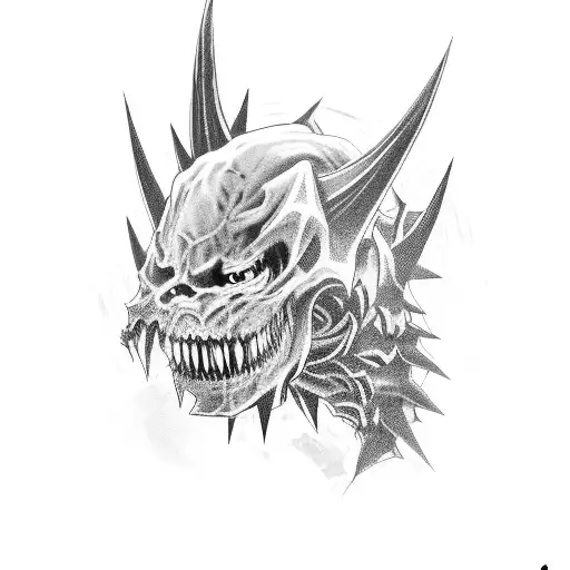 A menacing necromech creature with sharp spikes and teeth emerging from a bed of black roses, wrapping around a full arm sleeve tattoo design idea