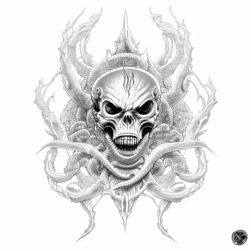 necromech, evil, black, grey, organic, spike, teeth, rose, arm sleeve, creepy, shoulder, forearm, tendrils, tentacles tattoo design idea