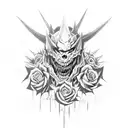 A menacing necromech creature with sharp spikes and teeth emerging from a bed of black roses, wrapping around a full arm sleeve tattoo design idea
