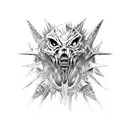 A menacing necromech creature with sharp spikes and teeth emerging from a bed of black roses, wrapping around a full arm sleeve tattoo design idea