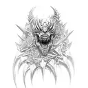 A menacing necromech creature with sharp spikes and teeth emerging from a bed of black roses, wrapping around a full arm sleeve tattoo design idea