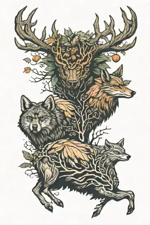 Oriole, fir and beech forest, salvic demon Leshy, boar, elk, wolf tattoo design idea
