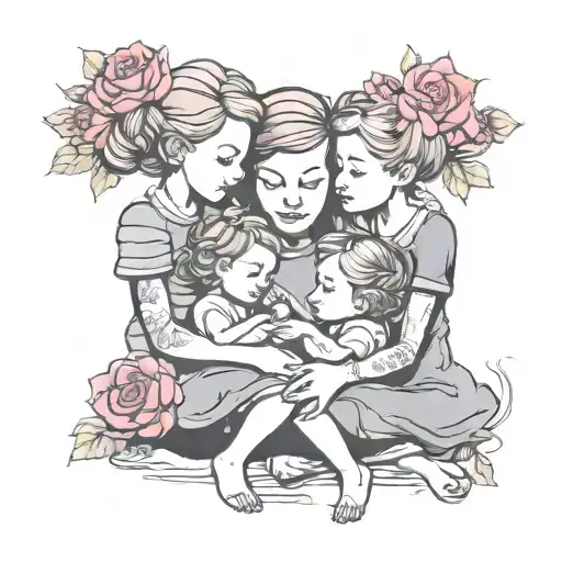 nurturing mom with son and daughter tattoo design idea