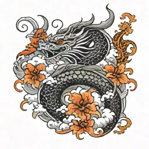 japanese black and white sleeve tattoo with clouds, dragon scales, koi tattoo design idea