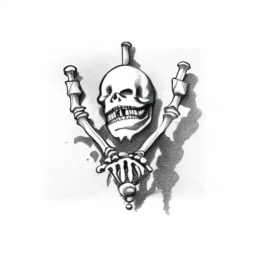 a skeletons hand holding a flail weapon tattoo design idea