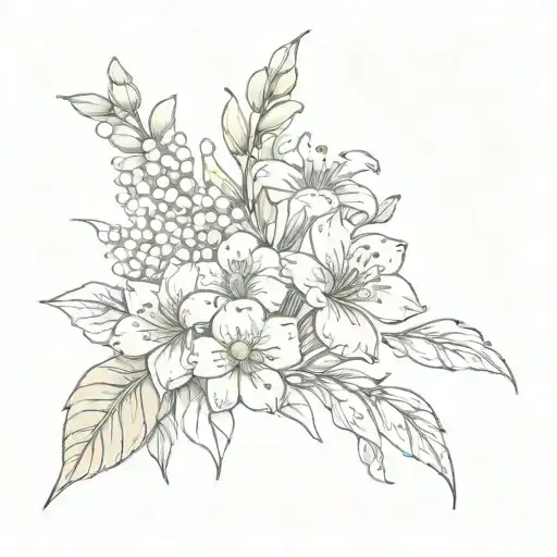 Marigold and lily of the valley bouquet tattoo design idea