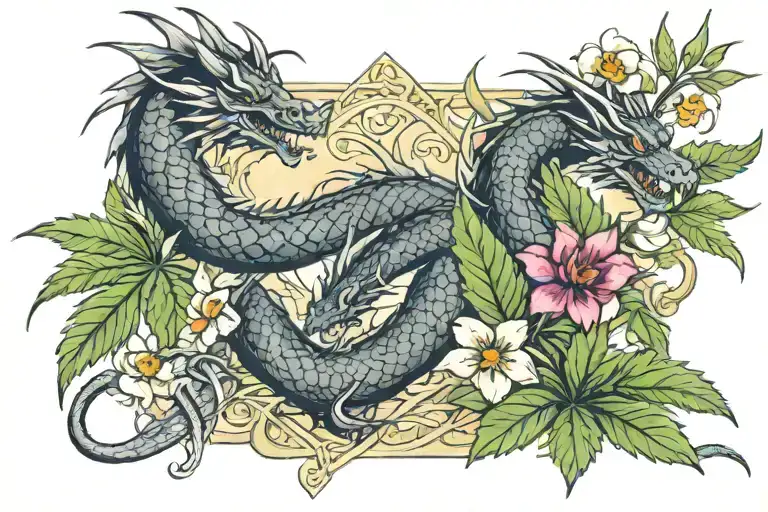 dragon katana tarot card flowers cannabis leaf tattoo design idea