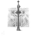 scales of justice with an orthodox cross and an open bible with the scripture saying "god is my judge" tattoo design idea