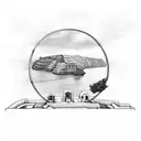 Santorini landscape with a basketball hoop in the foreground tattoo design idea