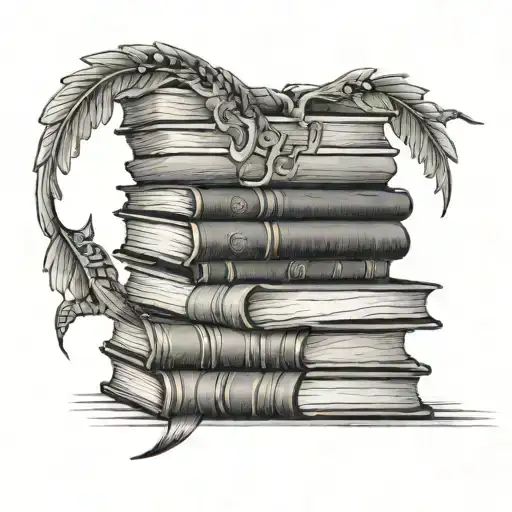 A black-grey tattoo of a stack of books with a hidden animal silhouette on the spine of each book tattoo design idea