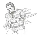 A sketch of Michael Myers wielding his weapon in a menacing pose tattoo design idea
