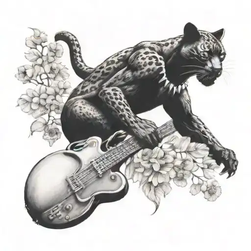 surrounded by dandelions there is a black panther animal playing a guitar with a football helmet  tattoo design idea