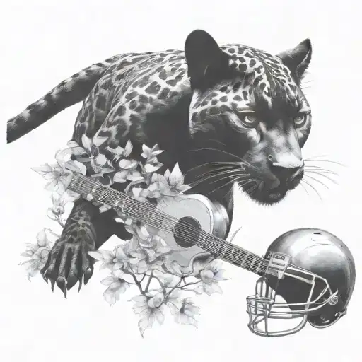 surrounded by dandelions there is a black panther animal playing a guitar with a football helmet  tattoo design idea