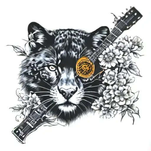 dandelions, wolf, black panther, guitar tattoo design idea
