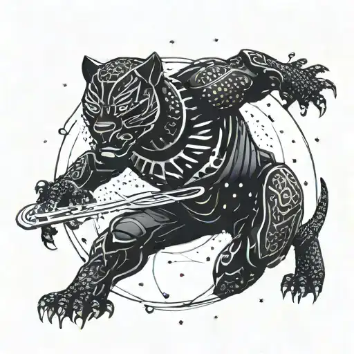 surrounded by dandelions there is a black panther playing a football helmet guitar tattoo design idea