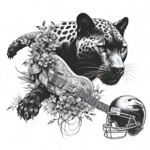 surrounded by dandelions there is a black panther animal playing a guitar with a football helmet  tattoo design idea
