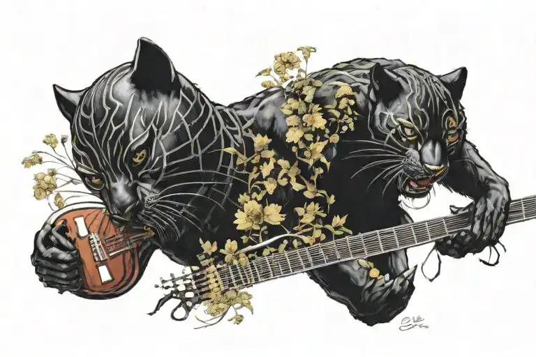 surrounded by dandelions there is a black panther animal playing a guitar with a football helmet  tattoo design idea