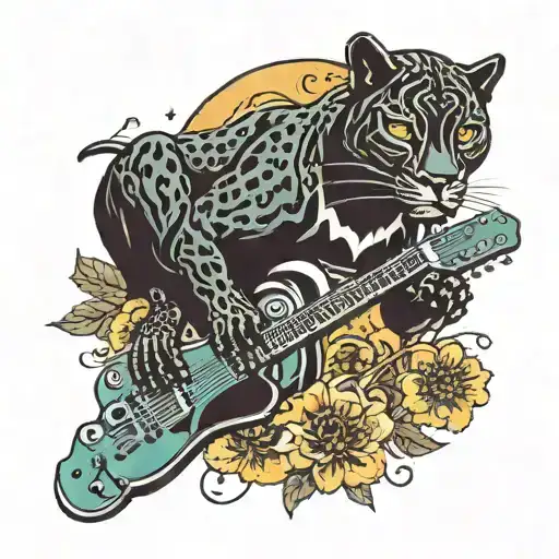 surrounded by dandelions there is a black panther playing a football shape  guitar tattoo design idea