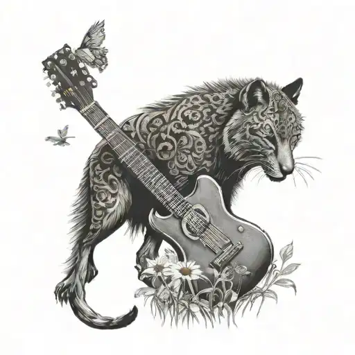 dandelions, wolf, black panther, guitar tattoo design idea