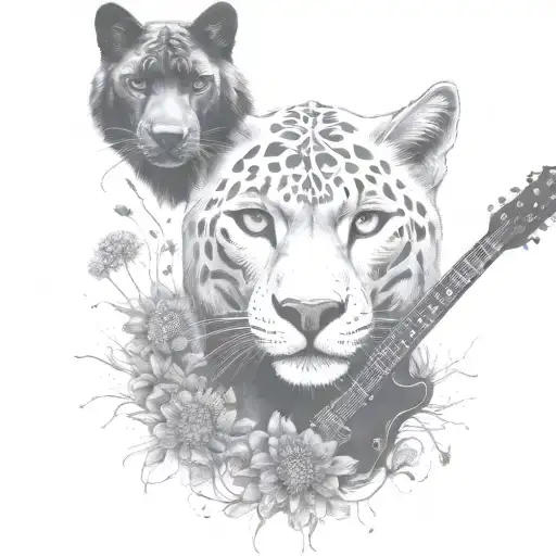 dandelions, wolf, black panther, guitar tattoo design idea