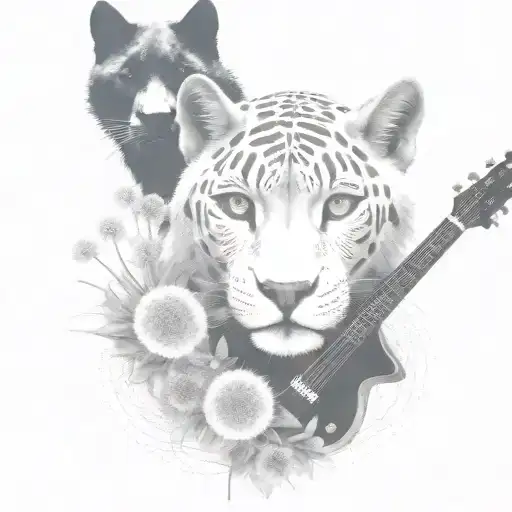 dandelions, wolf, black panther, guitar tattoo design idea