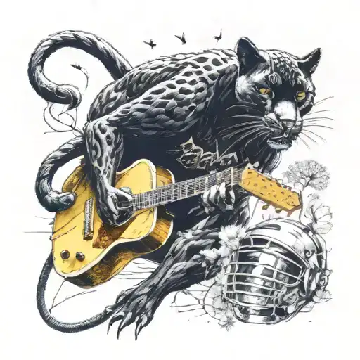 surrounded by dandelions there is a black panther animal playing a guitar with a football helmet  tattoo design idea