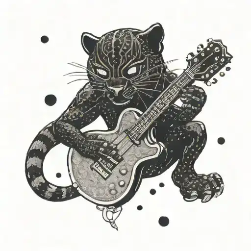 surrounded by dandelions there is a black panther playing a guitar and holding a football helmet. tattoo design idea