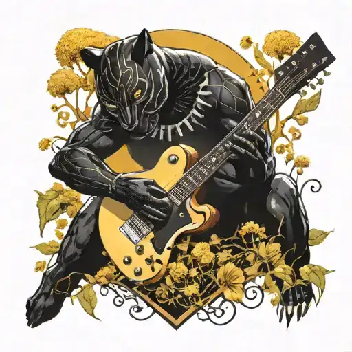 surrounded by dandelions there is a black panther playing a guitar with a football helmet  tattoo design idea