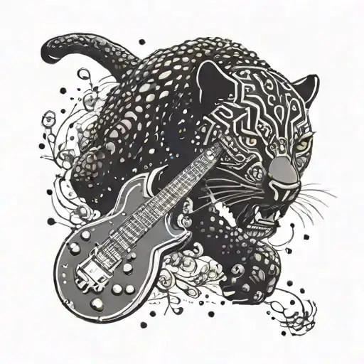surrounded by dandelions there is a black panther playing a football shape  guitar tattoo design idea