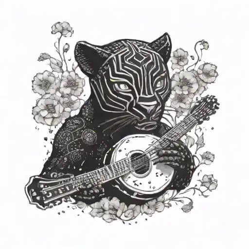 surrounded by dandelions there is a black panther playing a guitar and holding a football helmet. tattoo design idea