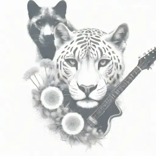 dandelions, wolf, black panther, guitar tattoo design idea