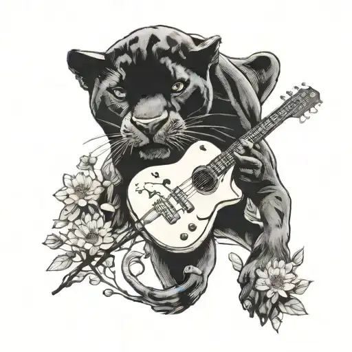 a black panther, guitar, dandelion and tools tattoo design idea