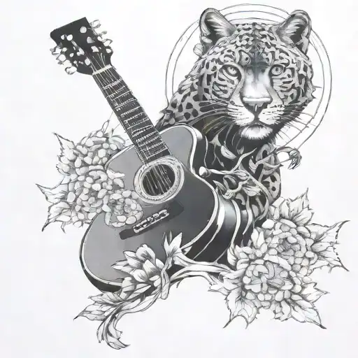 dandelions, wolf, black panther, guitar tattoo design idea