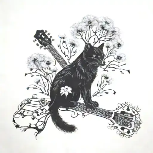 dandelions, wolf, black panther, guitar tattoo design idea