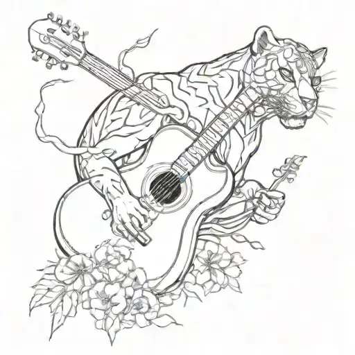 a black panther, guitar, dandelion and engineer  tattoo design idea