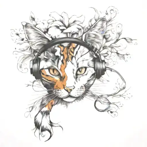Surrealism "Calico Cat Wearing Headphones" Tattoo Idea BlackInk AI