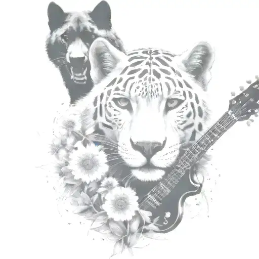 dandelions, wolf, black panther, guitar tattoo design idea