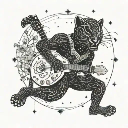 surrounded by dandelions there is a black panther playing a guitar and holding a football helmet. tattoo design idea