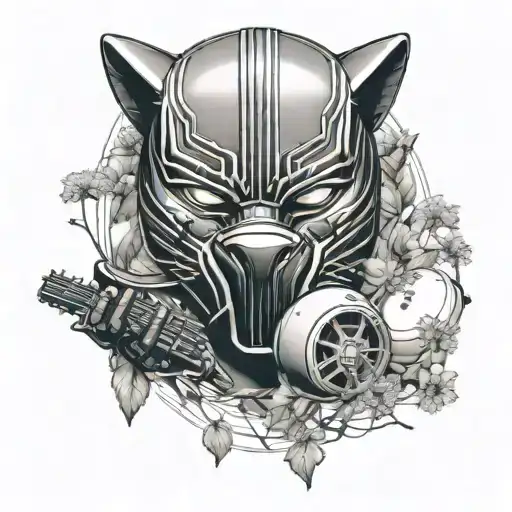 surrounded by dandelions there is a black panther playing a guitar and holding a football helmet. tattoo design idea