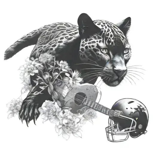 surrounded by dandelions there is a black panther animal playing a guitar with a football helmet  tattoo design idea