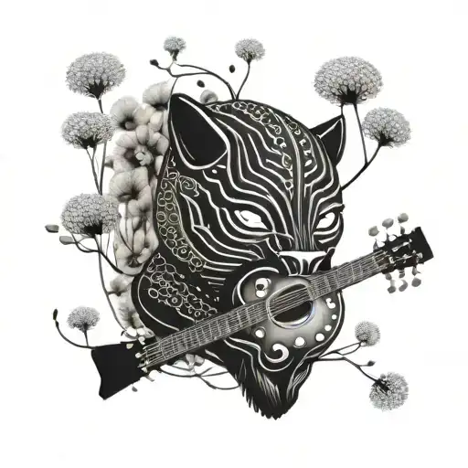 surrounded by dandelions there is a black panther playing a guitar and holding a football helmet. tattoo design idea
