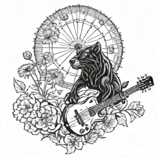 dandelions, wolf, black panther, guitar tattoo design idea