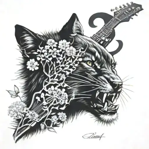 dandelions, wolf, black panther, guitar tattoo design idea
