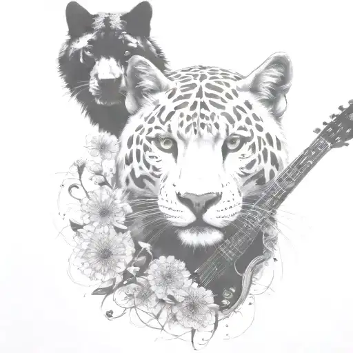 dandelions, wolf, black panther, guitar tattoo design idea