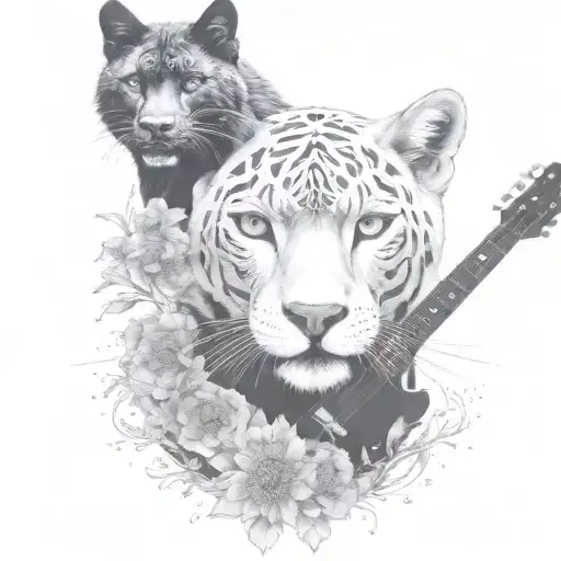 dandelions, wolf, black panther, guitar tattoo design idea