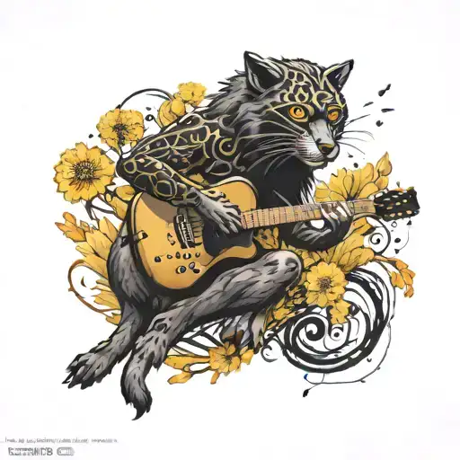 dandelions, wolf, black panther, guitar tattoo design idea