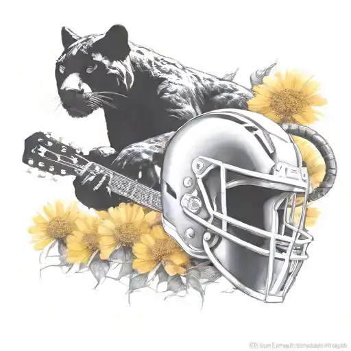 surrounded by dandelions there is a black panther animal playing a guitar with a football helmet  tattoo design idea