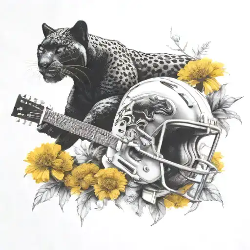surrounded by dandelions there is a black panther animal playing a guitar with a football helmet  tattoo design idea