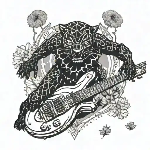 surrounded by dandelions there is a black panther playing a guitar and holding a football helmet. tattoo design idea